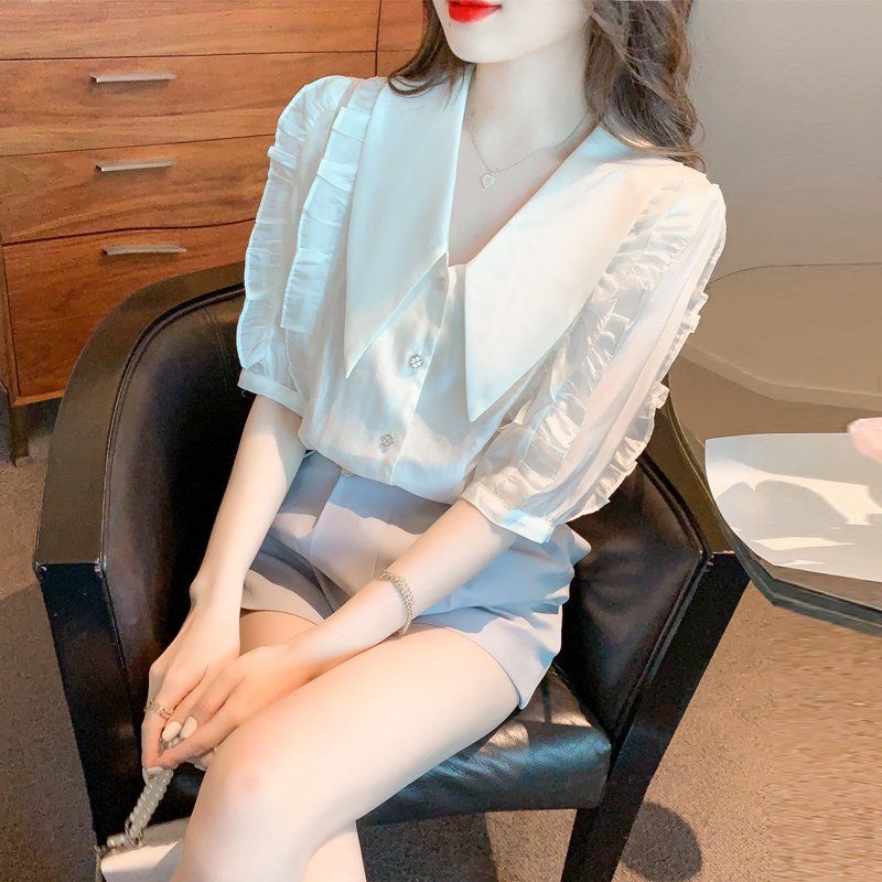 여름 여성 퍼프소매 러플 카라 반팔 빅사이즈 블라우스 셔츠 기본핏 폴리 데일리 아이보리 - 상세 이미지 2