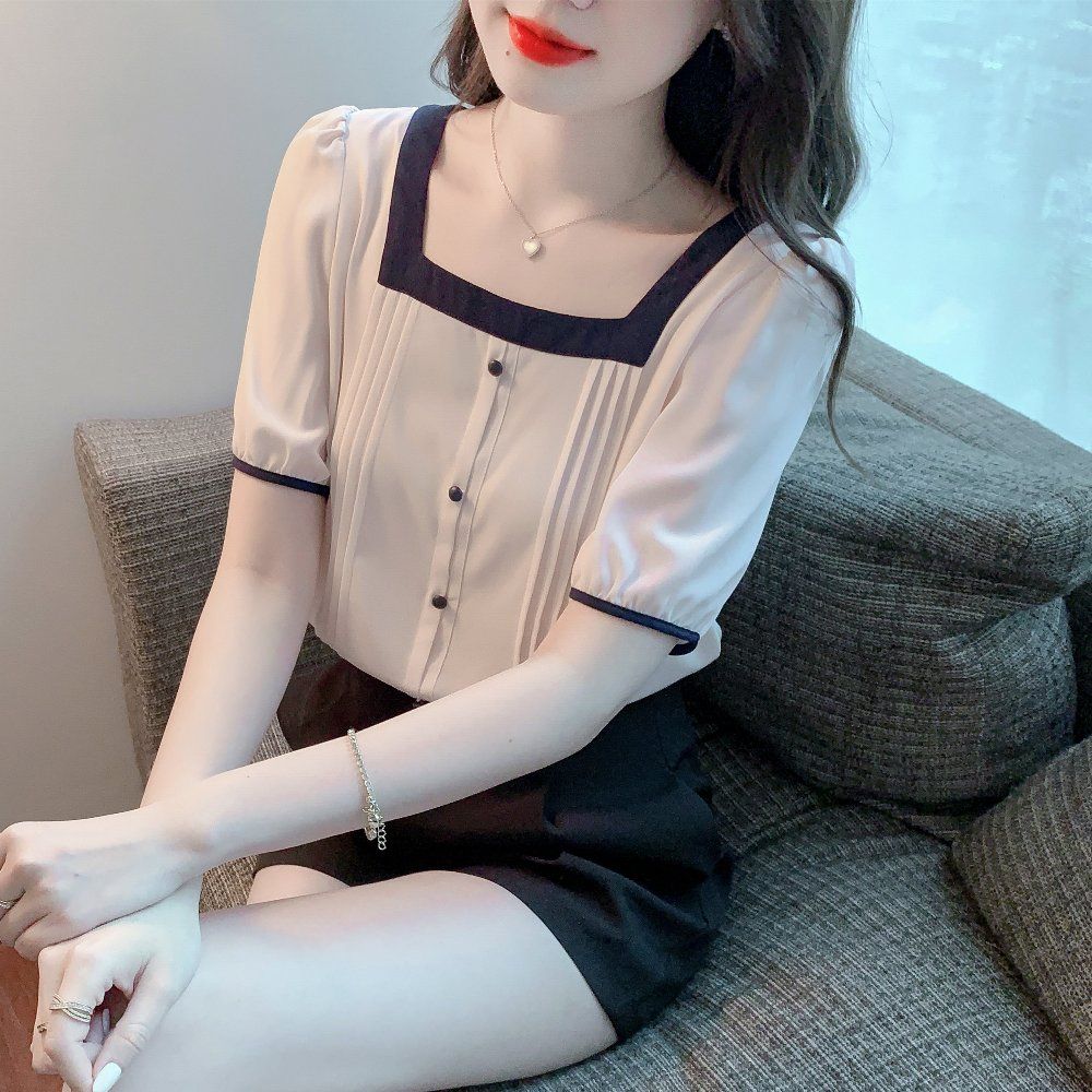 여름 여성 빅사이즈 스퀘어넥 배색 7부 블라우스 폴리 루즈핏 기본기장 데일리 아이보리 - 상세 이미지 2