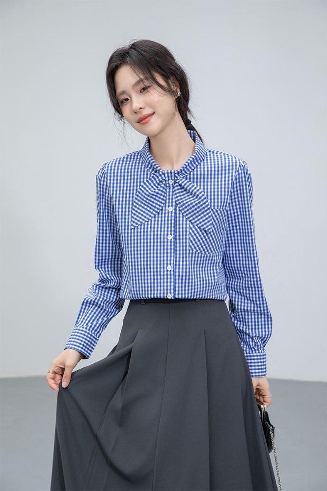 봄 여성 리본 체크 카라 블라우스 긴팔 셔츠 슬림핏 데일리 오피스룩 캐주얼 블루 체크 - 상세 이미지 5