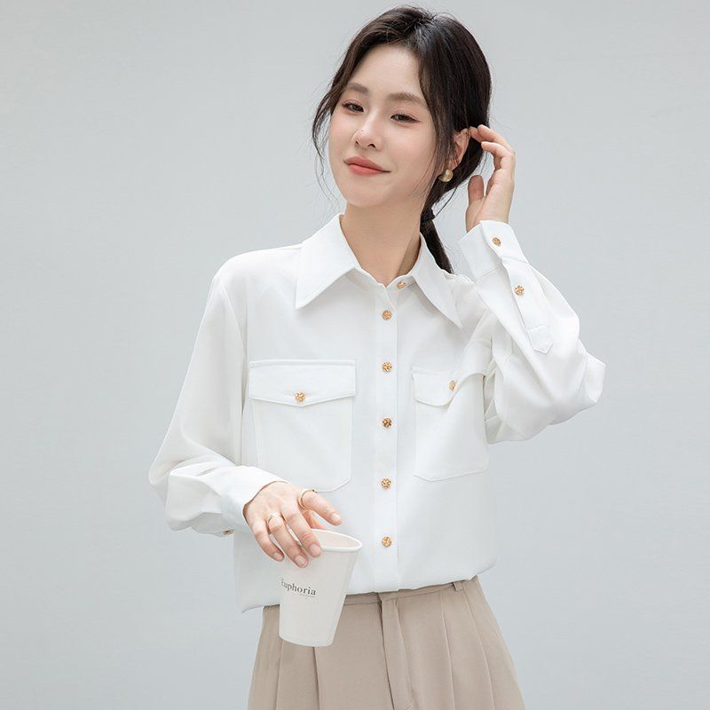봄 가을 여성 카라 포켓 단추 블라우스 긴팔 셔츠 기본핏 폴리 데일리 오피스룩 화이트 - 상세 이미지 3