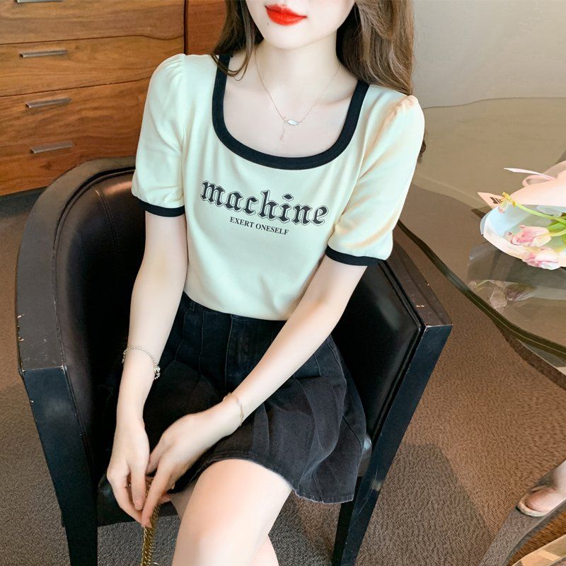 여름 여성 스퀘어넥 레터링 프린트 배색 면 반팔 티셔츠 데일리룩 아이보리 - 상품 이미지