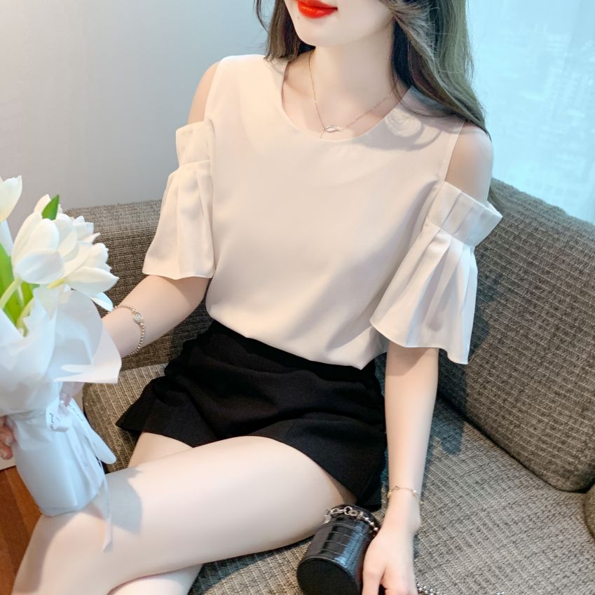 여름 여성 라운드넥 오프숄더 플리츠 벨소매 반팔 블라우스 데일리룩 화이트 - 상세 이미지 4