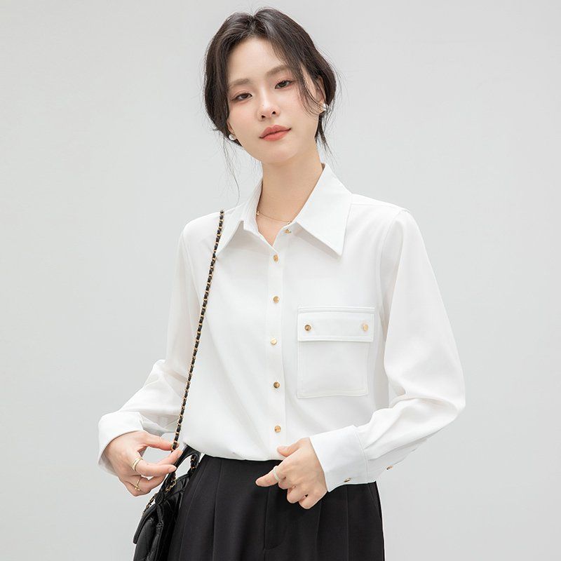 봄 가을 여성 카라 포켓 단추 블라우스 긴팔 셔츠 슬림핏 폴리 데일리 오피스룩 화이트 - 상세 이미지 4