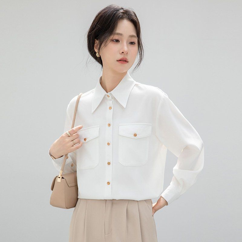 봄 가을 여성 카라 포켓 단추 블라우스 긴팔 셔츠 기본핏 폴리 데일리 오피스룩 화이트 - 상품 이미지