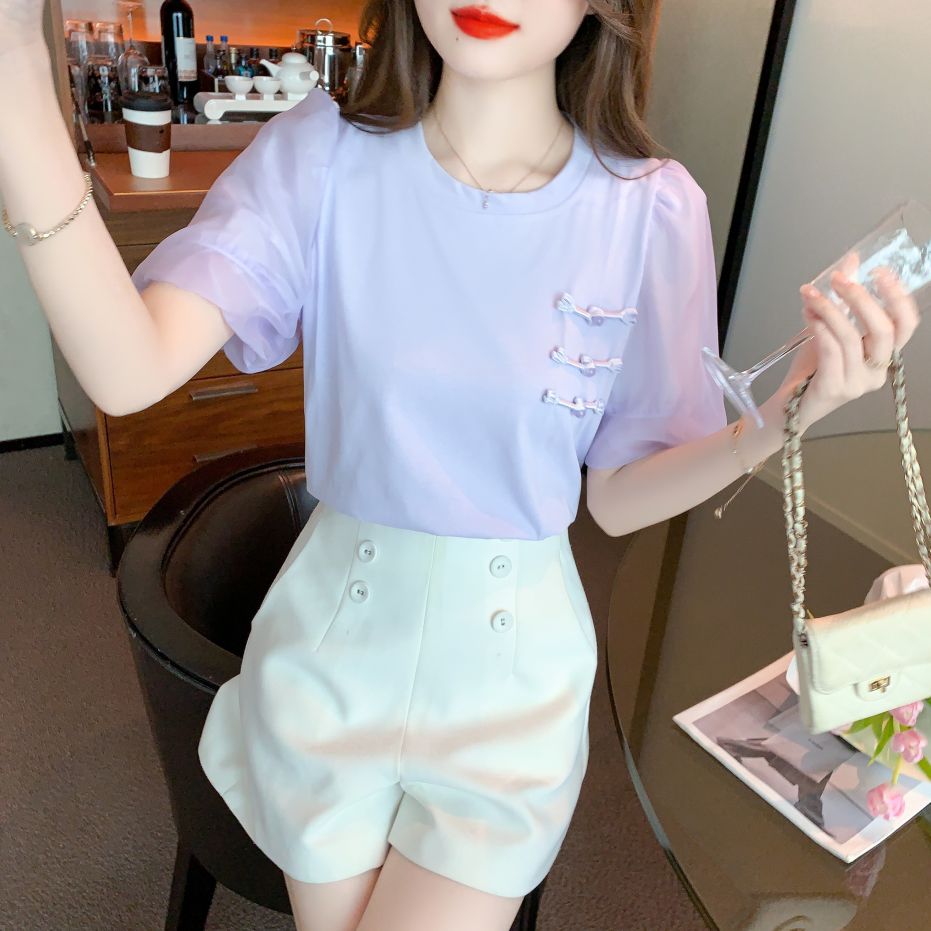 여름 여성 라운드넥 쉬폰 퍼프소매 매듭단추 반팔 면 티셔츠 데일리룩 라벤더 - 상세 이미지 3
