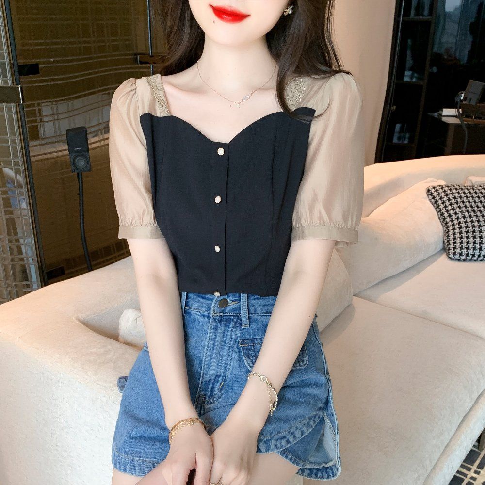 여름 여성 빅사이즈 루즈핏 하트 스퀘어넥 퍼프소매 블라우스 아이보리 배색 블랙 - 상세 이미지 3