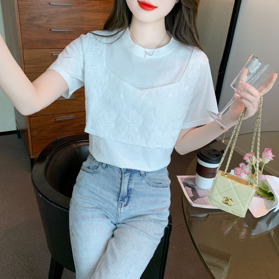 여름 여성 레이어드 뷔스티에 자수 펀칭 반팔 면 티셔츠 데일리룩 화이트 - 상세 이미지 2
