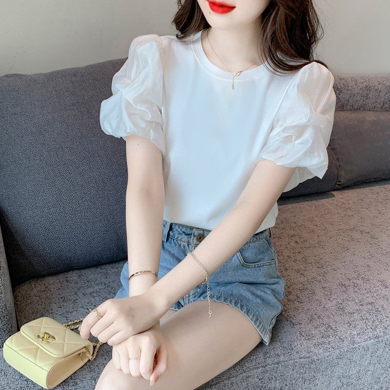 여름 여성 라운드넥 쉬폰 캉캉 퍼프소매 반팔 티셔츠 데일리룩 캐주얼 상의 화이트 - 상세 이미지 2