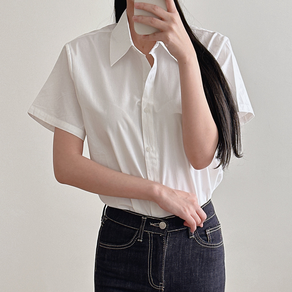 여성 반팔 셔츠 여름 블랙 화이트 베이지 면 카라 남방 - 상세 이미지 3
