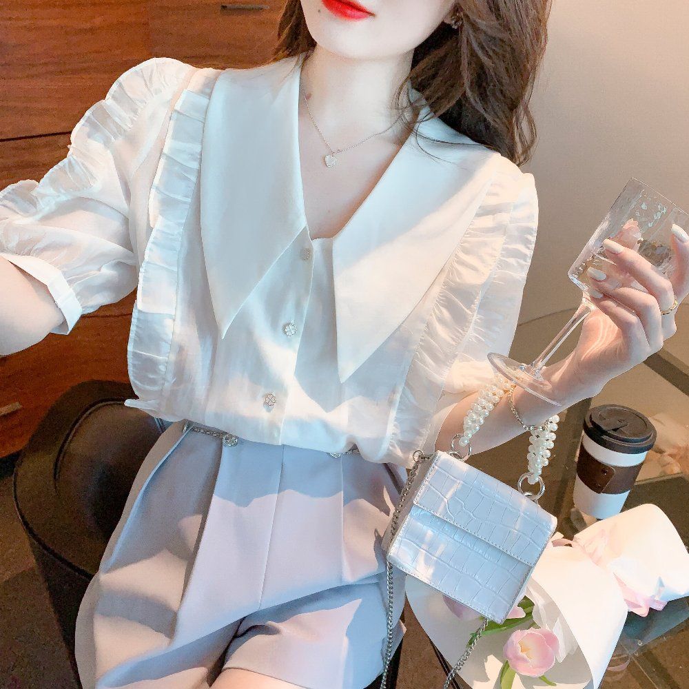 여름 여성 퍼프소매 러플 카라 반팔 빅사이즈 블라우스 셔츠 기본핏 폴리 데일리 아이보리 - 상세 이미지 3