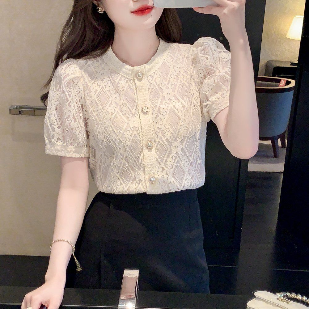 여성 여름 반팔 블라우스 펀칭 레이스 라운드넥 프릴 퍼프소매 물결 슬림핏 데일리 아이보리 - 상세 이미지 4
