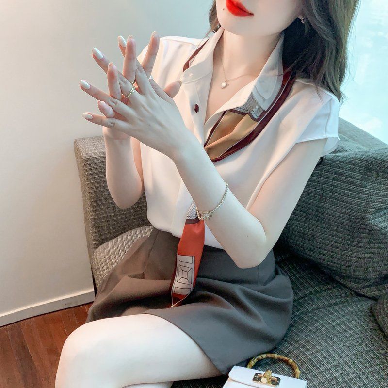 여름 여성 스카프 포인트 캡소매 블라우스 카라넥 앞단추 오피스룩 상의 화이트 - 상세 이미지 4