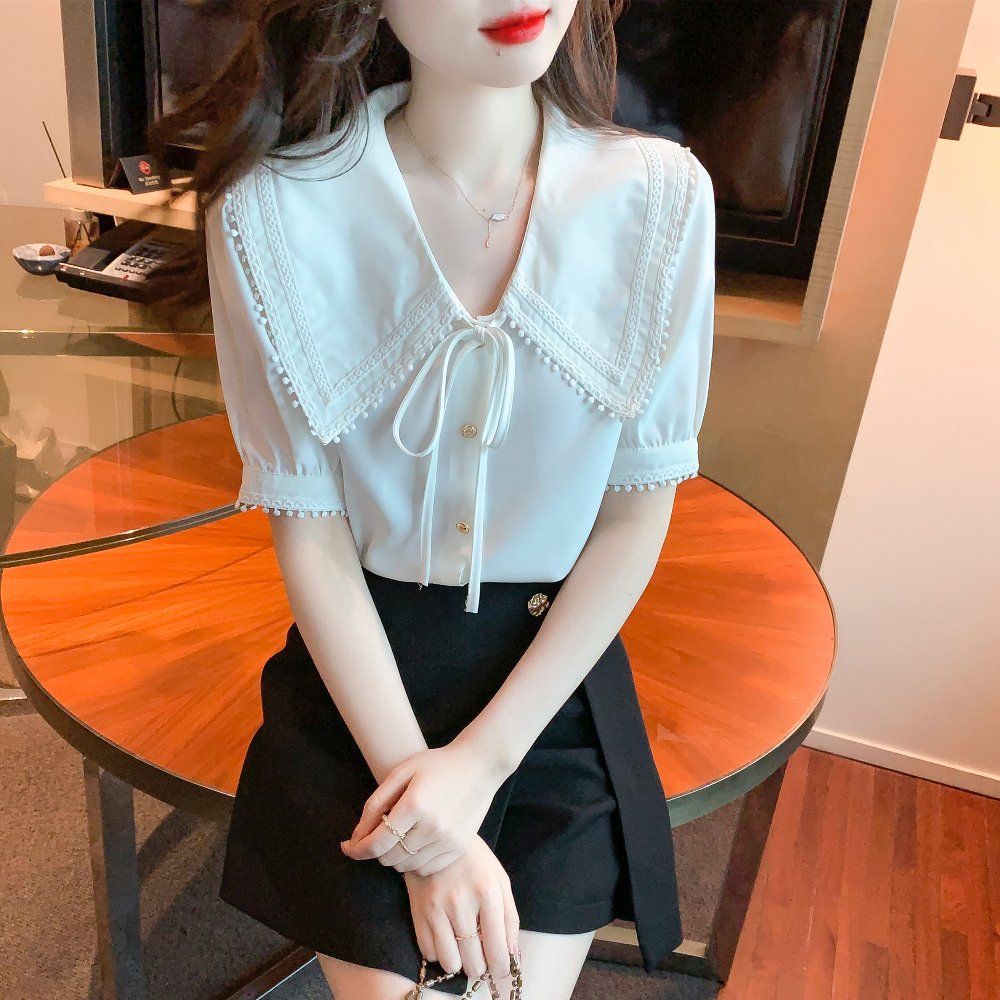 여름 여성 V넥 폼폼 빅카라 리본 반팔 블라우스 퍼프소매 데일리룩 아이보리 - 상세 이미지 4