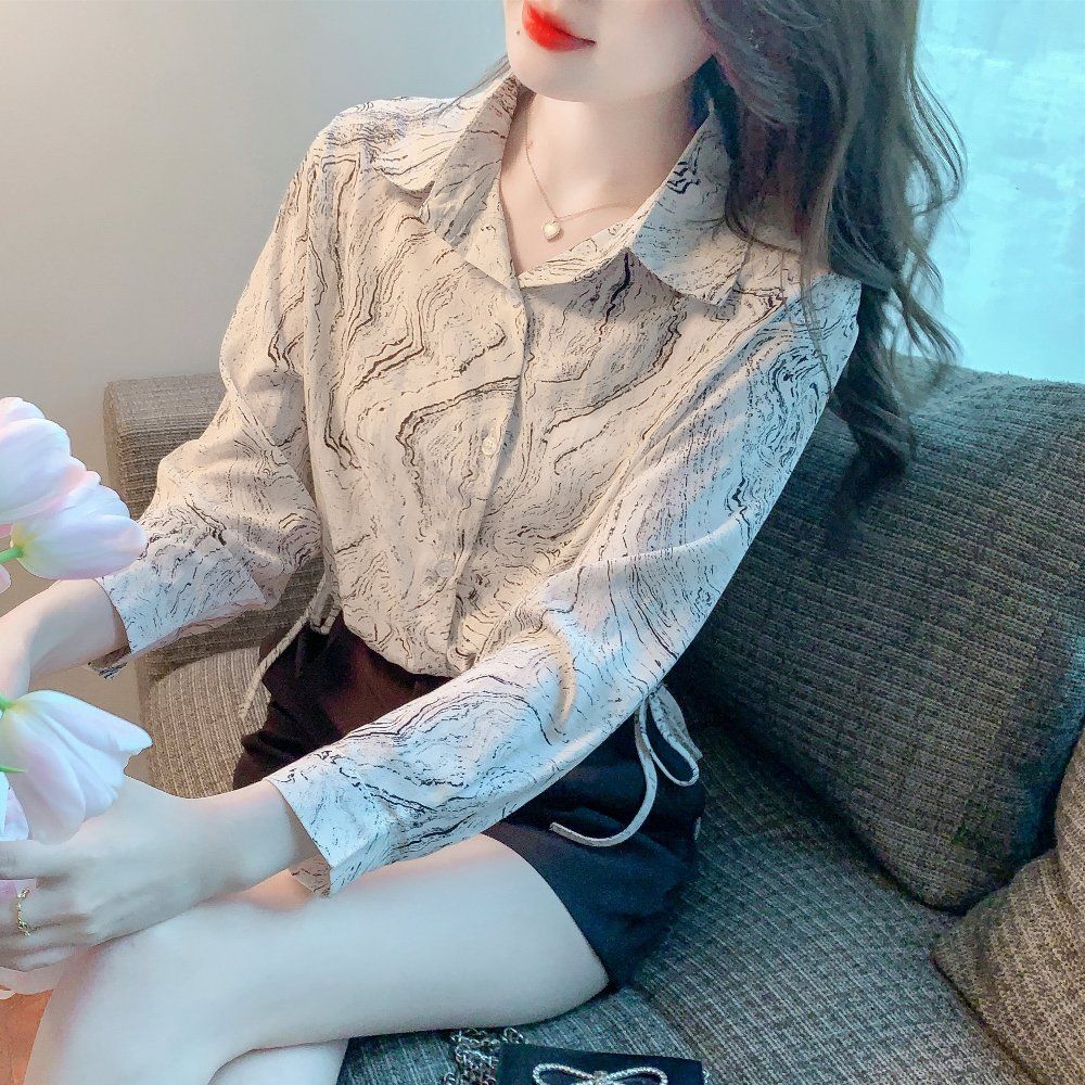 여름 여성 마블 프린트 긴팔 카라 셔츠 루즈핏 폴리 데일리룩 오피스룩 그레이믹스 - 상품 이미지