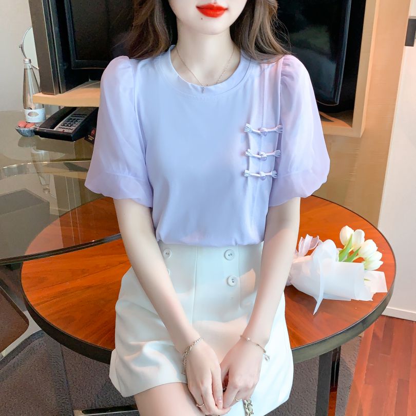 여름 여성 라운드넥 쉬폰 퍼프소매 매듭단추 반팔 면 티셔츠 데일리룩 라벤더 - 상세 이미지 4