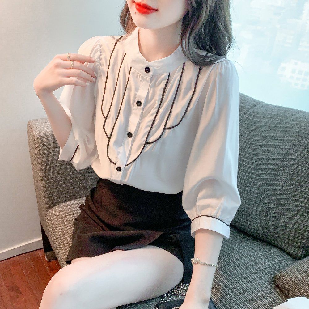 봄 여름 여성 파이핑 배색 7부 블라우스 폴리 루즈핏 빅사이즈 기본기장 데일리 화이트 - 상세 이미지 4