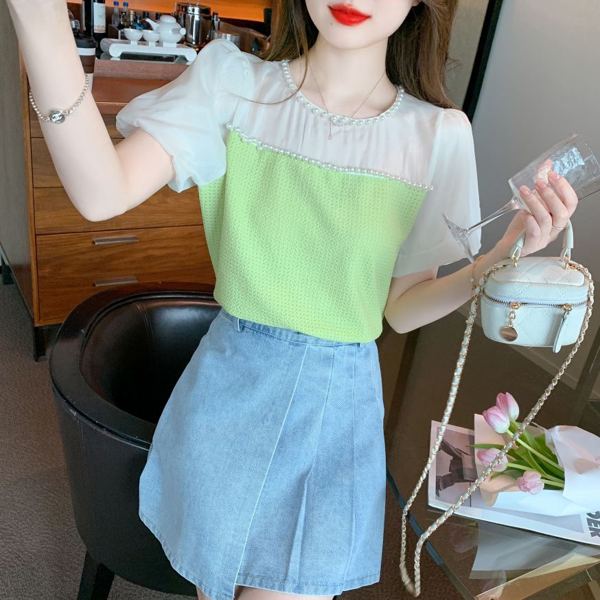 여름 여성 라운드넥 진주 배색 쉬폰 퍼프소매 반팔 블라우스 데이트룩 라임 그린 - 상세 이미지 3