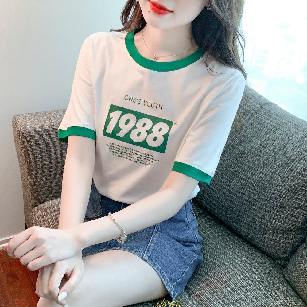 여름 여성 라운드넥 레터링 프린트 배색 면 반팔 티셔츠 데일리룩 화이트 - 상품 이미지