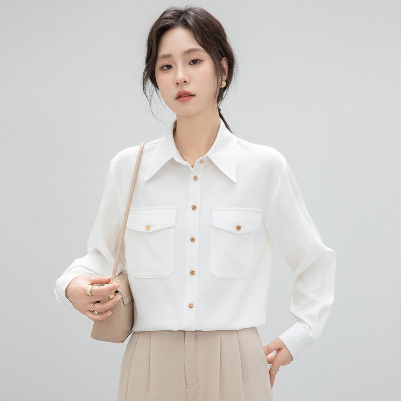 봄 가을 여성 카라 포켓 단추 블라우스 긴팔 셔츠 기본핏 폴리 데일리 오피스룩 화이트 - 상세 이미지 2