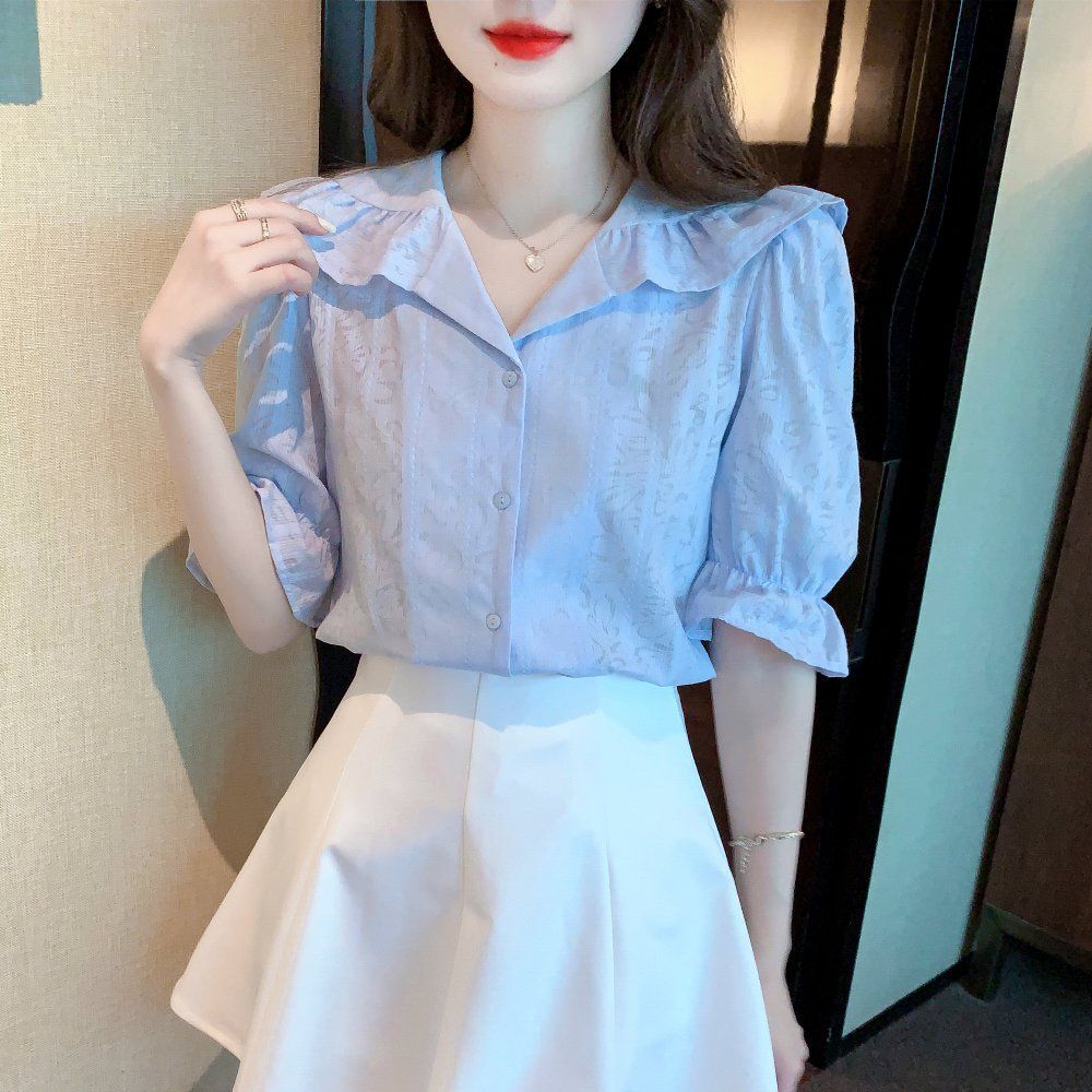 여름 여성 러플 카라 벨소매 텍스처 반팔 면 블라우스 데일리룩 라이트블루 - 상품 이미지