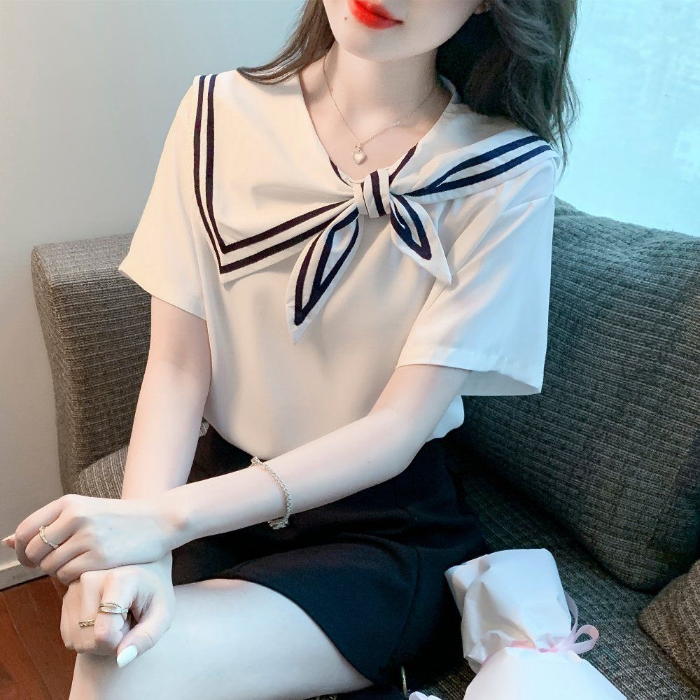 여름 여성 세일러카라 리본 타이 반팔 티셔츠 마린룩 데일리룩 상의 화이트 - 상세 이미지 5