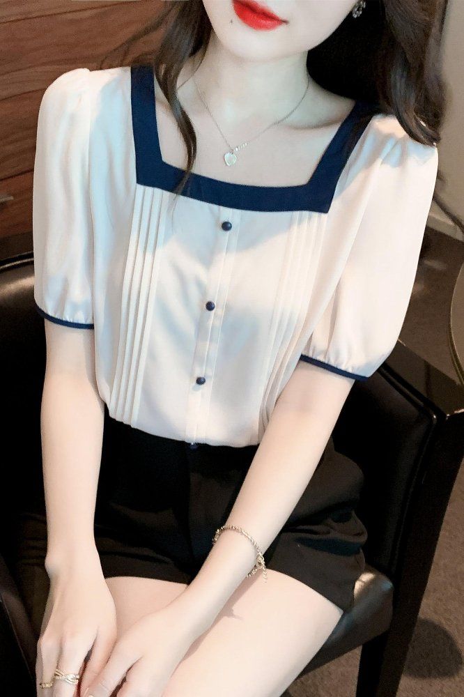 여름 여성 빅사이즈 스퀘어넥 배색 7부 블라우스 폴리 루즈핏 기본기장 데일리 아이보리 - 상세 이미지 4