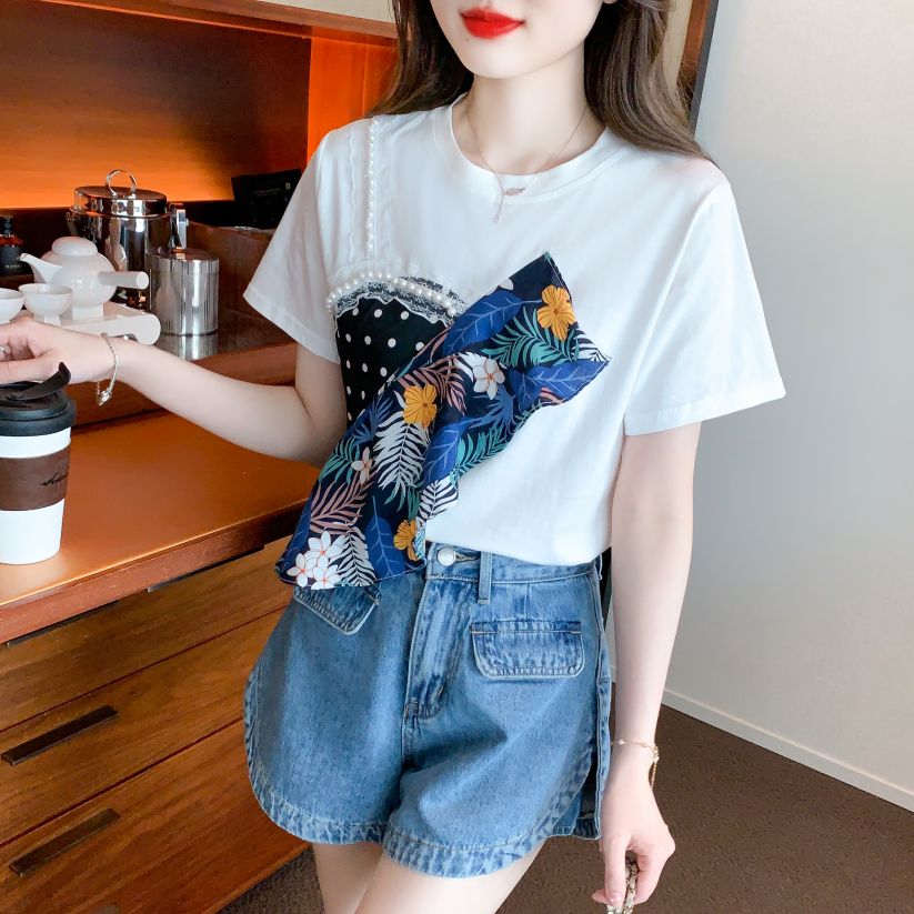 여름 여성 라운드넥 배색 패턴 반팔 면 빅사이즈 티셔츠 러플 셔링 데일리 화이트 - 상품 이미지