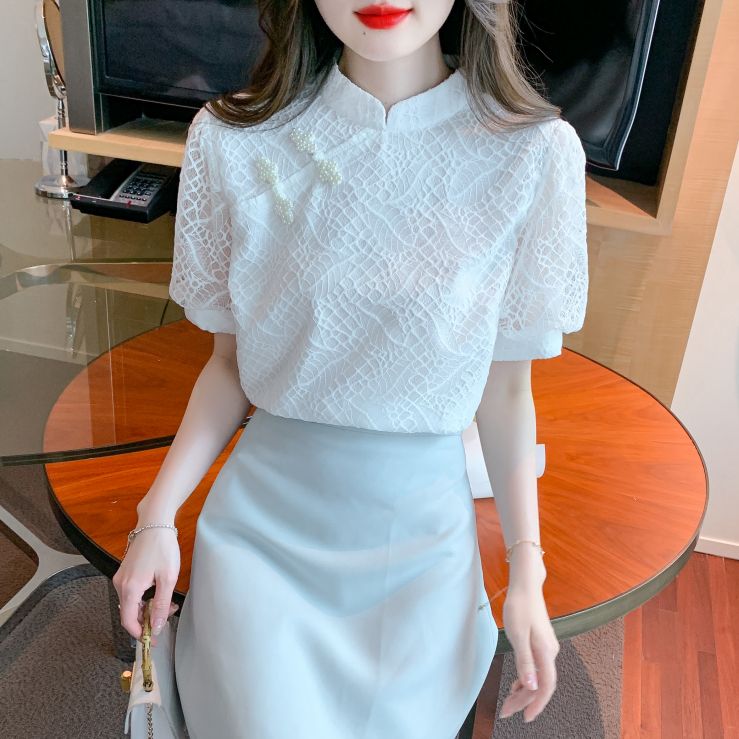 여름 여성 차이나카라 레이스 반팔 블라우스 진주 장식 오피스룩 상의 화이트 - 상세 이미지 4