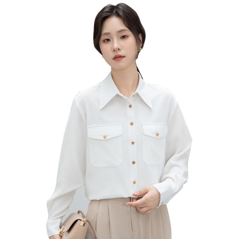 봄 가을 여성 카라 포켓 단추 블라우스 긴팔 셔츠 기본핏 폴리 데일리 오피스룩 화이트 - 상세 이미지 5