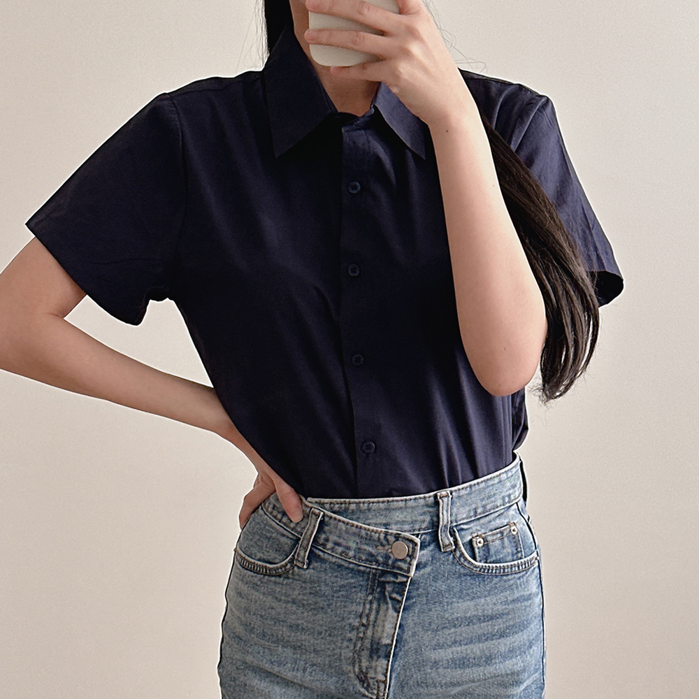 여성 반팔 셔츠 여름 블랙 화이트 베이지 면 카라 남방 - 상세 이미지 5