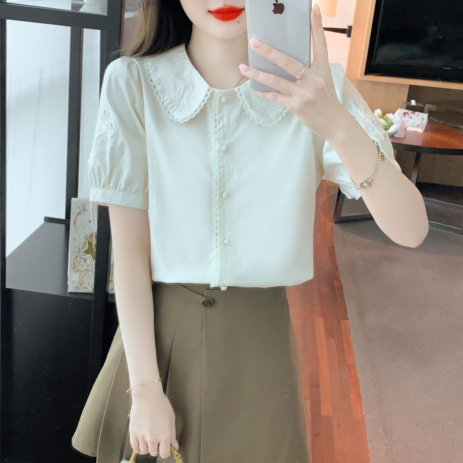 여름 여성 빅카라 자수 펀칭 퍼프소매 반팔 블라우스 데일리룩 아이보리 - 상세 이미지 5