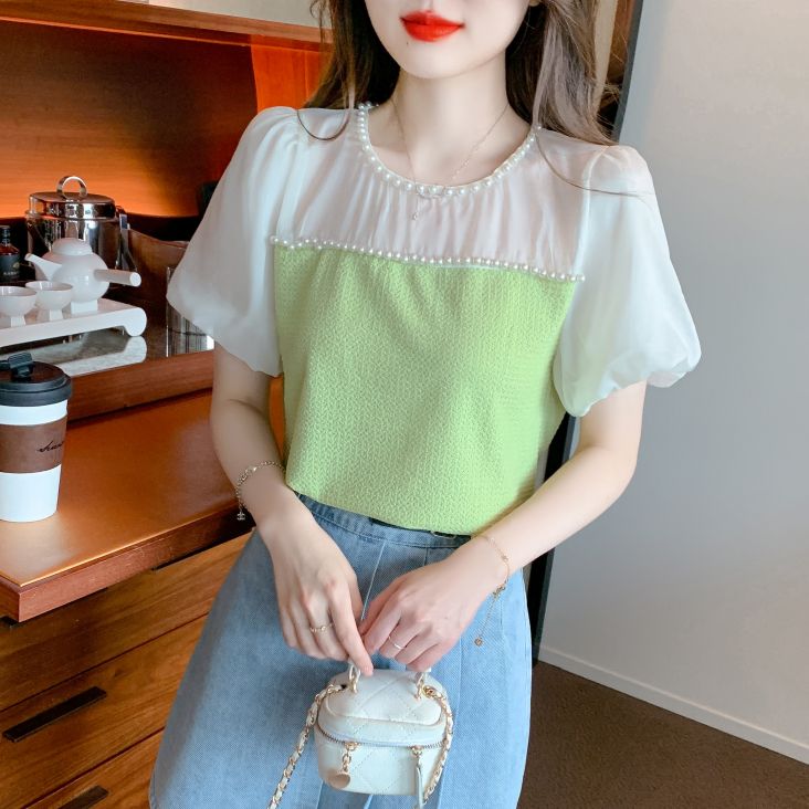 여름 여성 라운드넥 진주 배색 쉬폰 퍼프소매 반팔 블라우스 데이트룩 라임 그린 - 상세 이미지 2