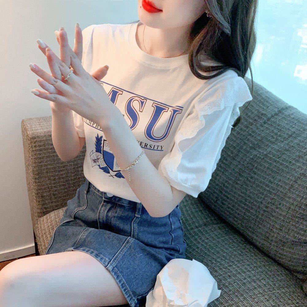 여름 여성 라운드넥 퍼프소매 반팔 면 티셔츠 로고 프린트 데일리 캐주얼 화이트 - 상세 이미지 3