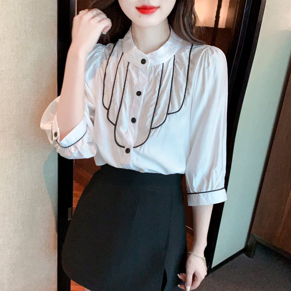 봄 여름 여성 파이핑 배색 7부 블라우스 폴리 루즈핏 빅사이즈 기본기장 데일리 화이트 - 상품 이미지