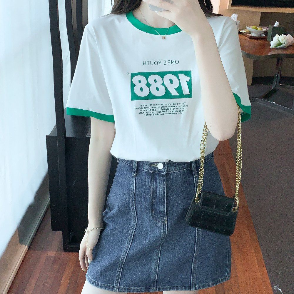 여름 여성 라운드넥 레터링 프린트 배색 면 반팔 티셔츠 데일리룩 화이트 - 상세 이미지 3
