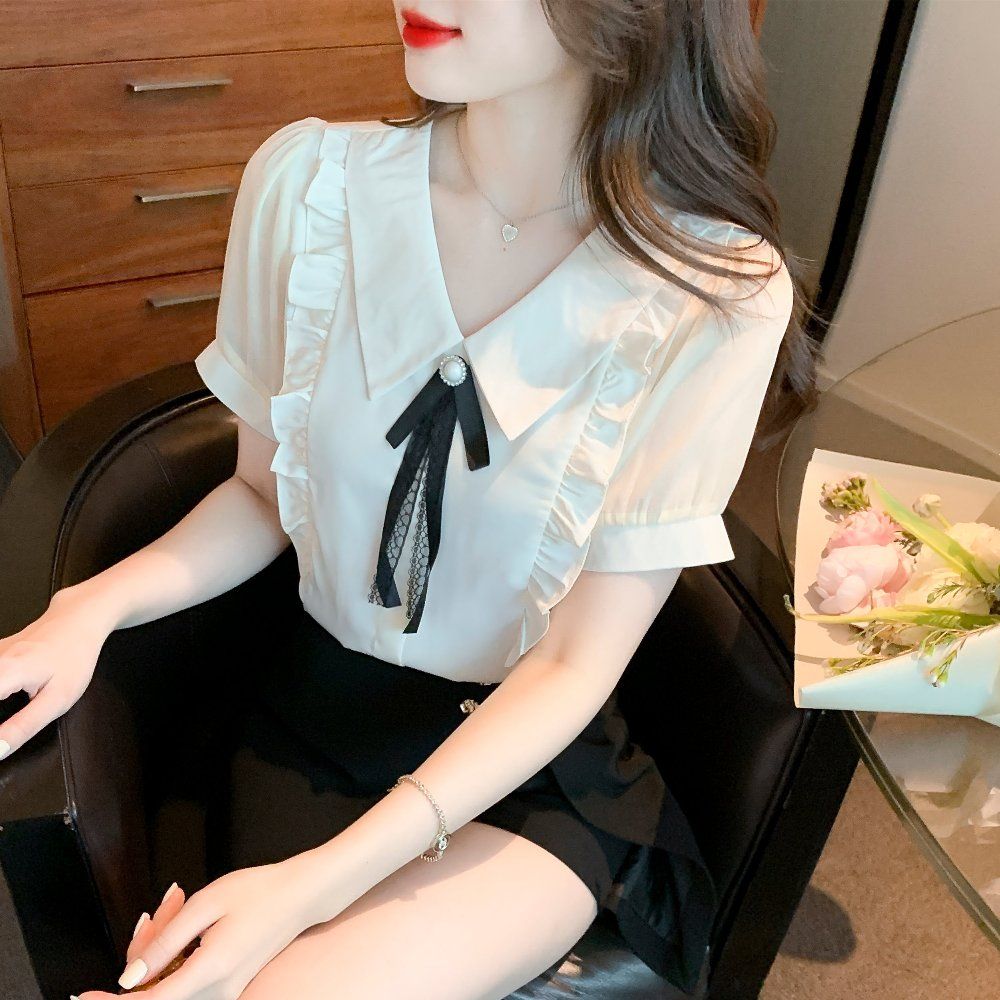 여름 여성 V넥 리본 타이 러플 장식 반팔 블라우스 데일리룩 오피스룩 아이보리 - 상품 이미지