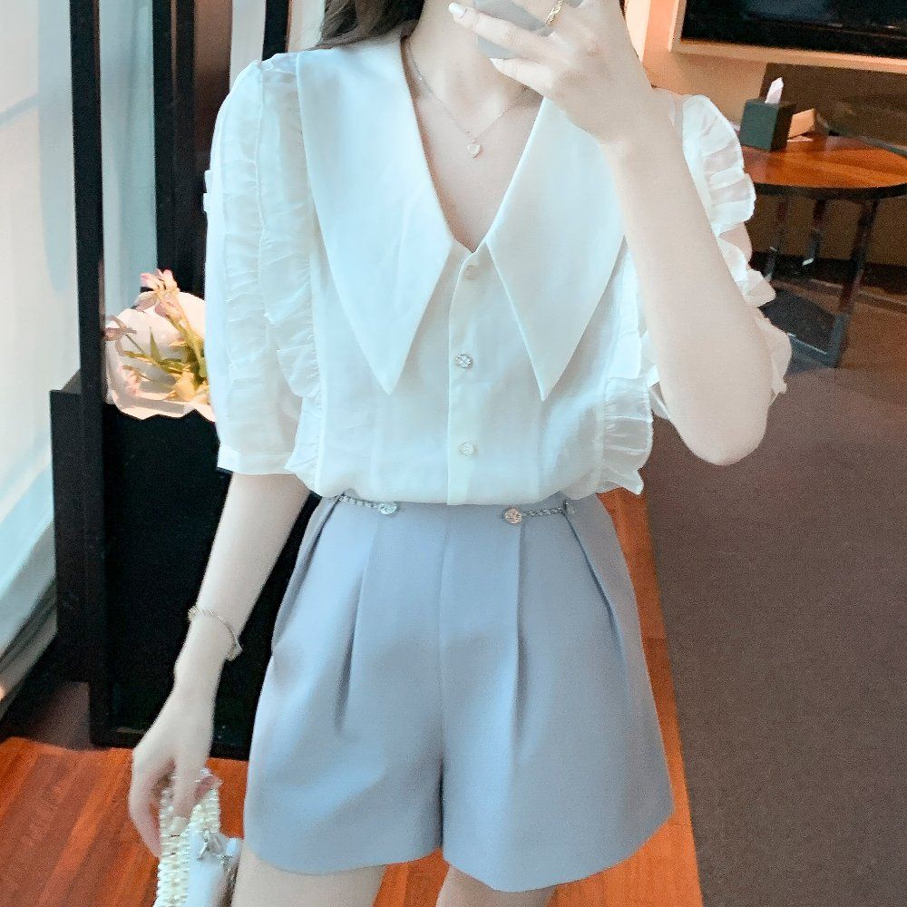 여름 여성 퍼프소매 러플 카라 반팔 빅사이즈 블라우스 셔츠 기본핏 폴리 데일리 아이보리 - 상품 이미지