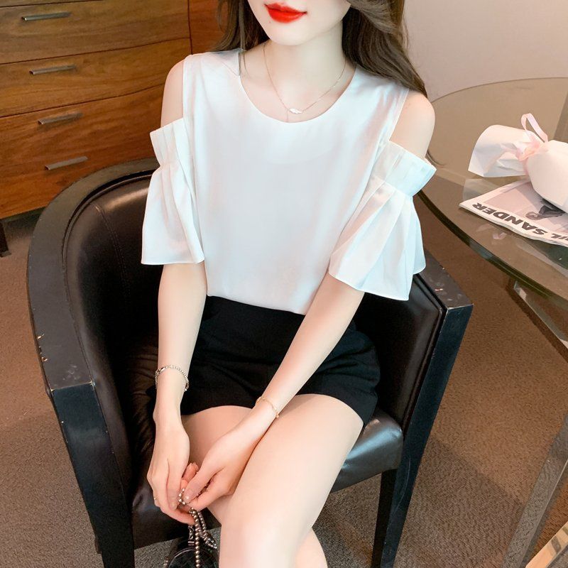 여름 여성 라운드넥 오프숄더 플리츠 벨소매 반팔 블라우스 데일리룩 화이트 - 상품 이미지