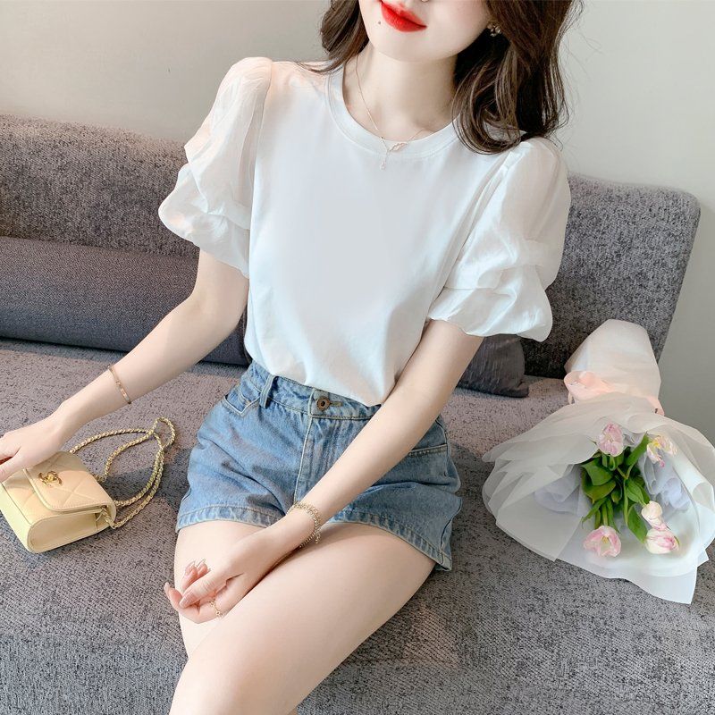 여름 여성 라운드넥 쉬폰 캉캉 퍼프소매 반팔 티셔츠 데일리룩 캐주얼 상의 화이트 - 상품 이미지