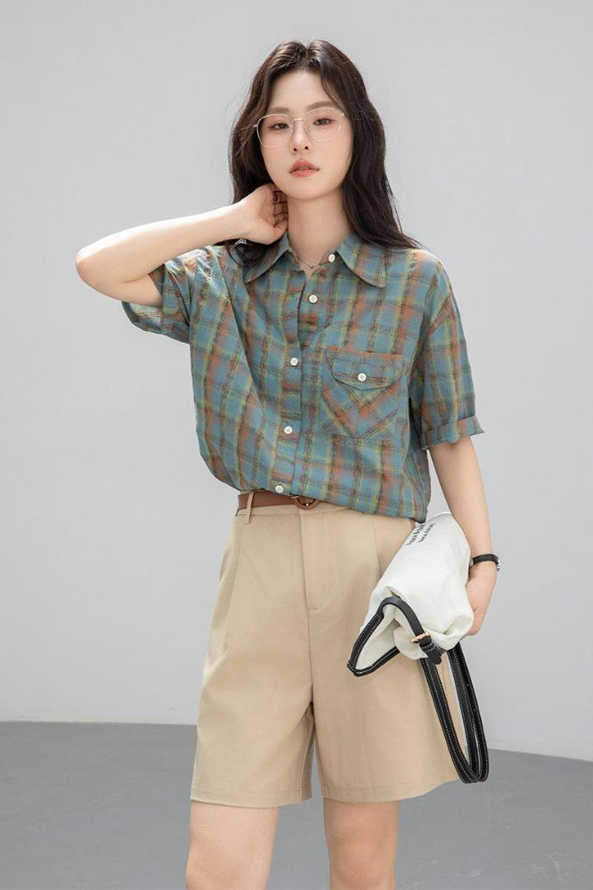 봄 여름 여성 루즈핏 체크 반팔 카라 버튼 블라우스 셔츠 폴리 데일리룩 캐주얼 틸그린 체크 - 상세 이미지 5