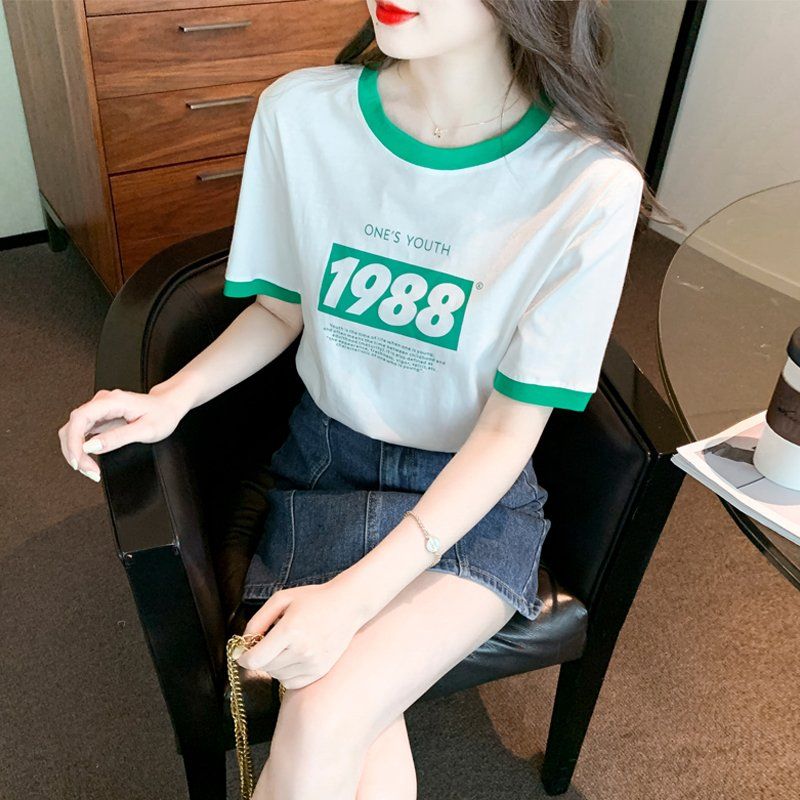 여름 여성 라운드넥 레터링 프린트 배색 면 반팔 티셔츠 데일리룩 화이트 - 상세 이미지 2