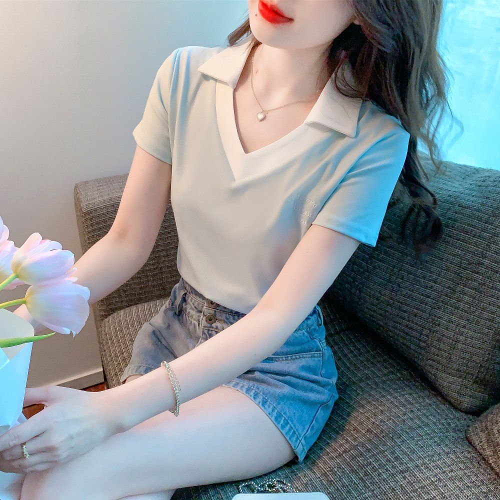 여름 여성 배색 카라 V넥 면 반팔 티셔츠 심플 베이직 데일리룩 상의 라이트블루 - 상세 이미지 3