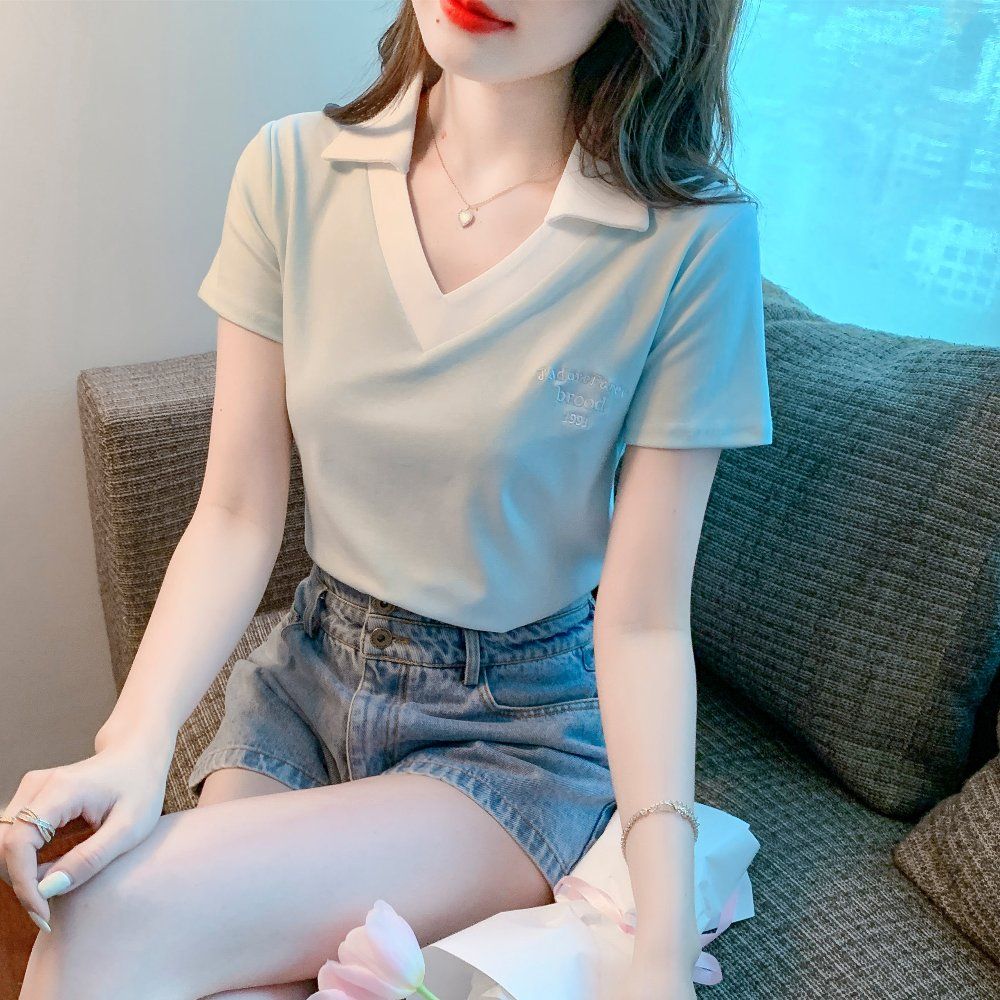 여름 여성 배색 카라 V넥 면 반팔 티셔츠 심플 베이직 데일리룩 상의 라이트블루 - 상세 이미지 4