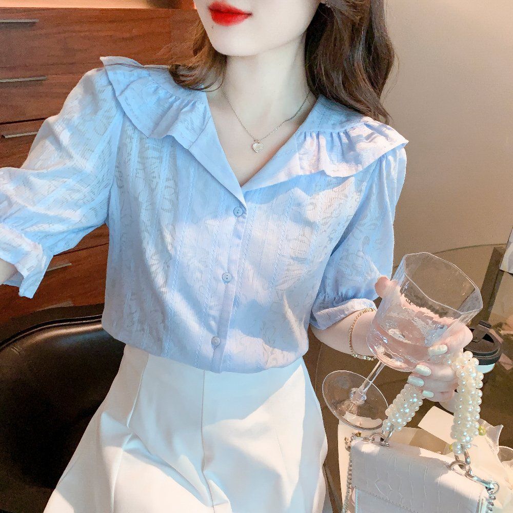 여름 여성 러플 카라 벨소매 텍스처 반팔 면 블라우스 데일리룩 라이트블루 - 상세 이미지 3