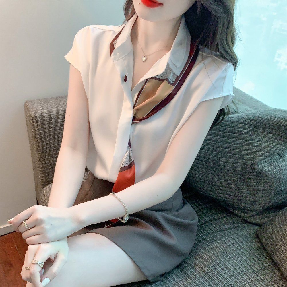 여름 여성 스카프 포인트 캡소매 블라우스 카라넥 앞단추 오피스룩 상의 화이트 - 상세 이미지 3
