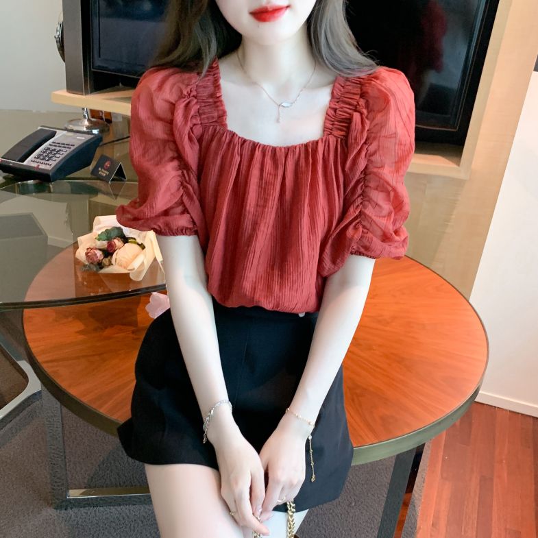 여름 여성 스퀘어넥 셔링 퍼프소매 반팔 블라우스 데일리룩 로맨틱 상의 레드 - 상세 이미지 3