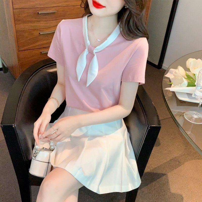 여름 여성 배색 V넥 카라 리본 타이 면 반팔 티셔츠 데일리룩 상의 핑크 - 상세 이미지 2