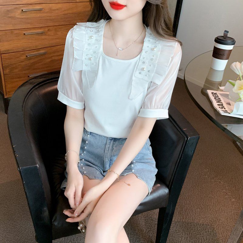 여름 여성 스퀘어넥 쉬폰소매 러플 진주 반팔 면 티셔츠 데일리룩 오피스룩 화이트 - 상품 이미지