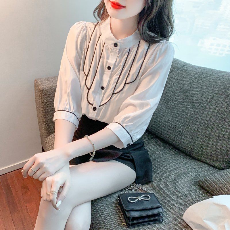 봄 여름 여성 파이핑 배색 7부 블라우스 폴리 루즈핏 빅사이즈 기본기장 데일리 화이트 - 상세 이미지 3