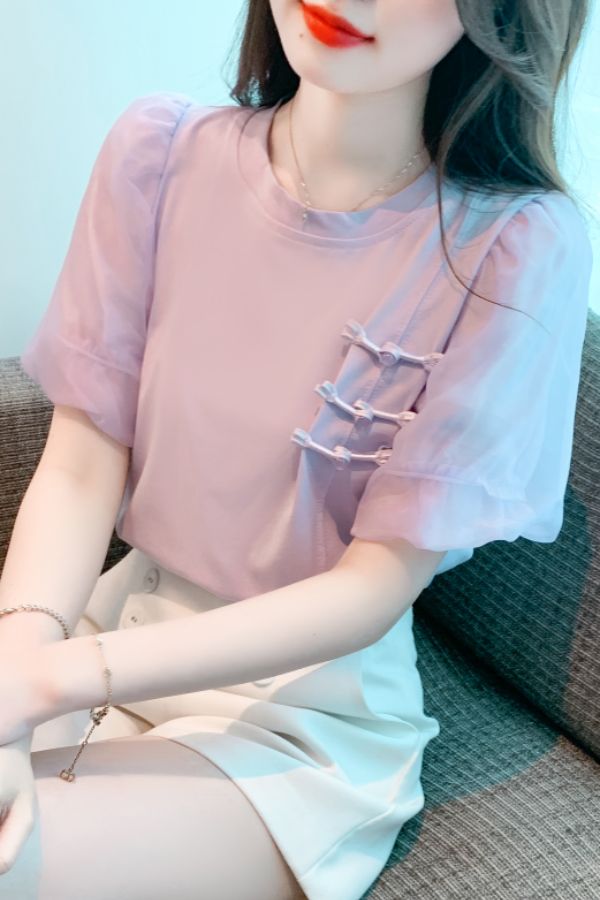 여름 여성 라운드넥 쉬폰 퍼프소매 매듭단추 반팔 면 티셔츠 데일리룩 라벤더 - 상세 이미지 5